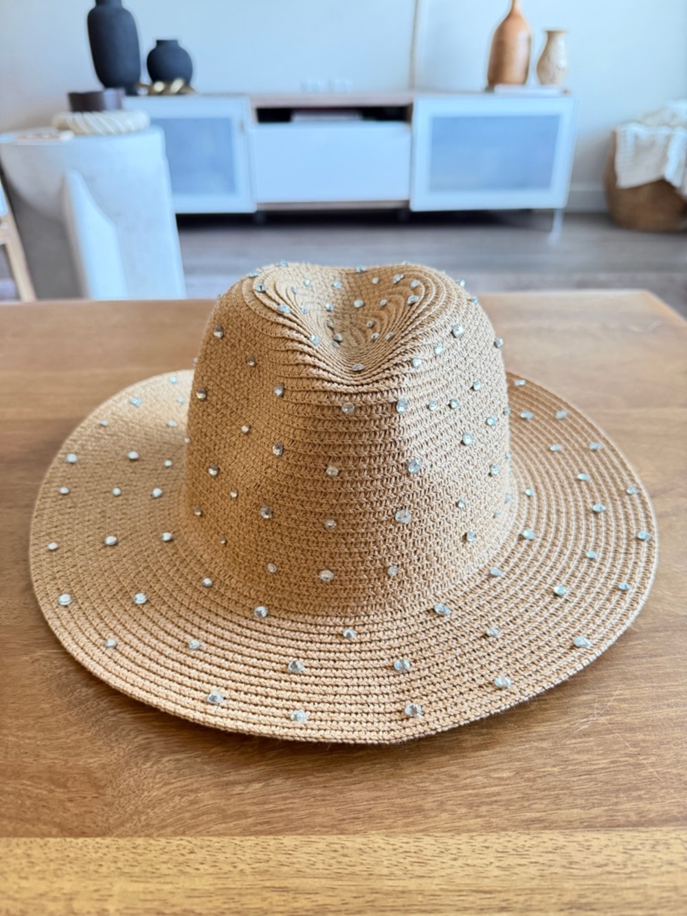 Embellished Straw Wide-Brim Sun Hat - Tan